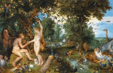 Das irdische Paradies mit dem Sündenfall von Adam und Eva